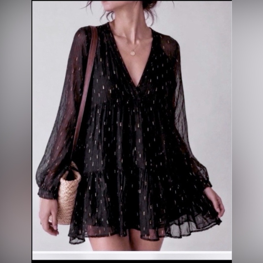 Sézane Chiffon Lurex Metallic Gold Baby Doll Dress Robe Stella in Midnight Sz. 2